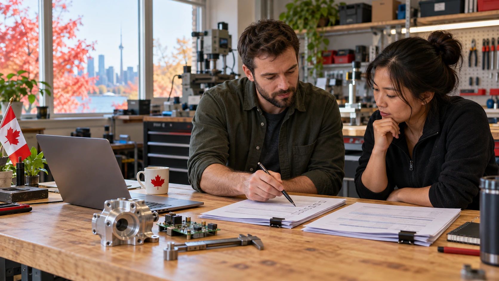 Two engineers review plans at a workbench with parts and a laptop, with Toronto's skyline visible through an autumn window.