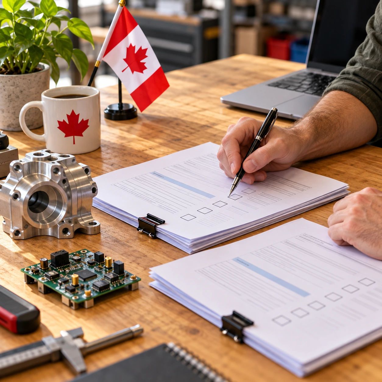 A person checking boxes on documents on a desk with a Canadian flag, a metal part, a circuit board, and a laptop.