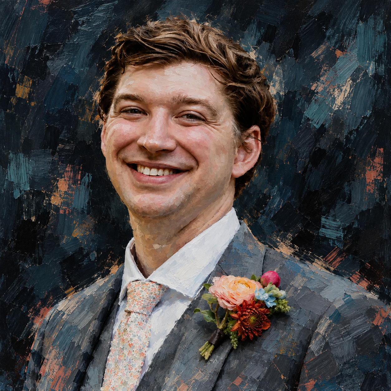 Painterly portrait of a smiling man in a suit with a floral boutonnière.