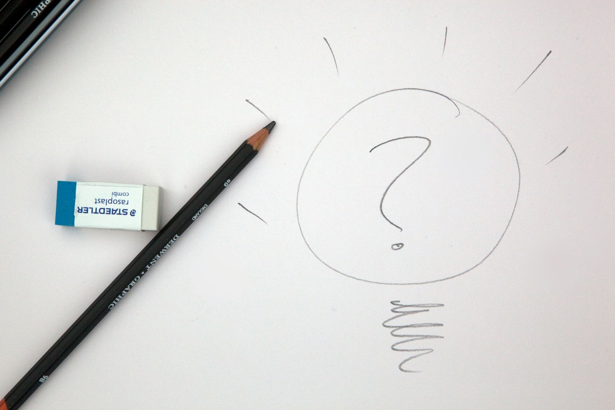 A pencil and eraser on white paper next to a hand-drawn lightbulb with a question mark inside.