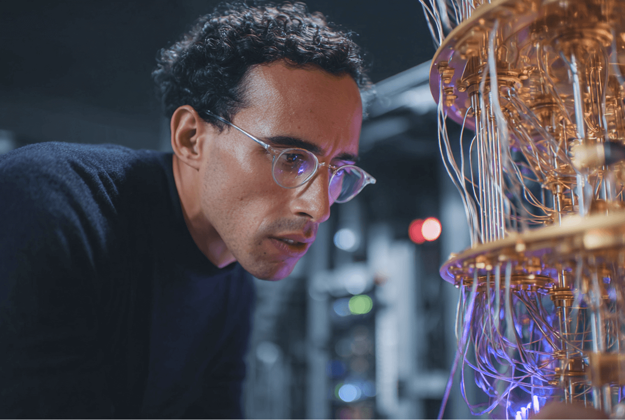 An image depicting Deep Tech, a man looking at an experiment in a lab. 