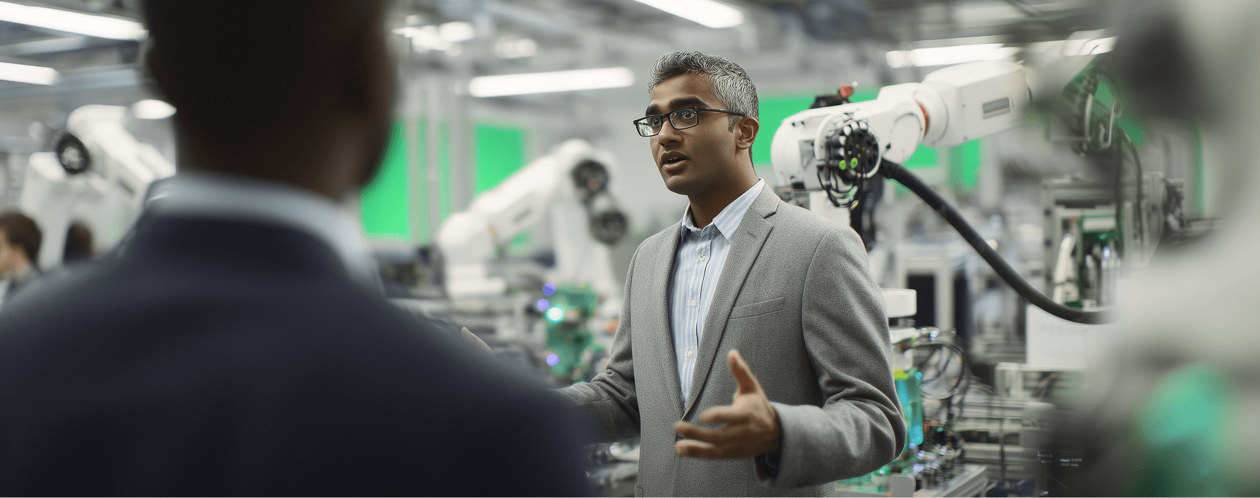 Businessperson in a manufacturing lab discussing R&D with clients and colleagues.